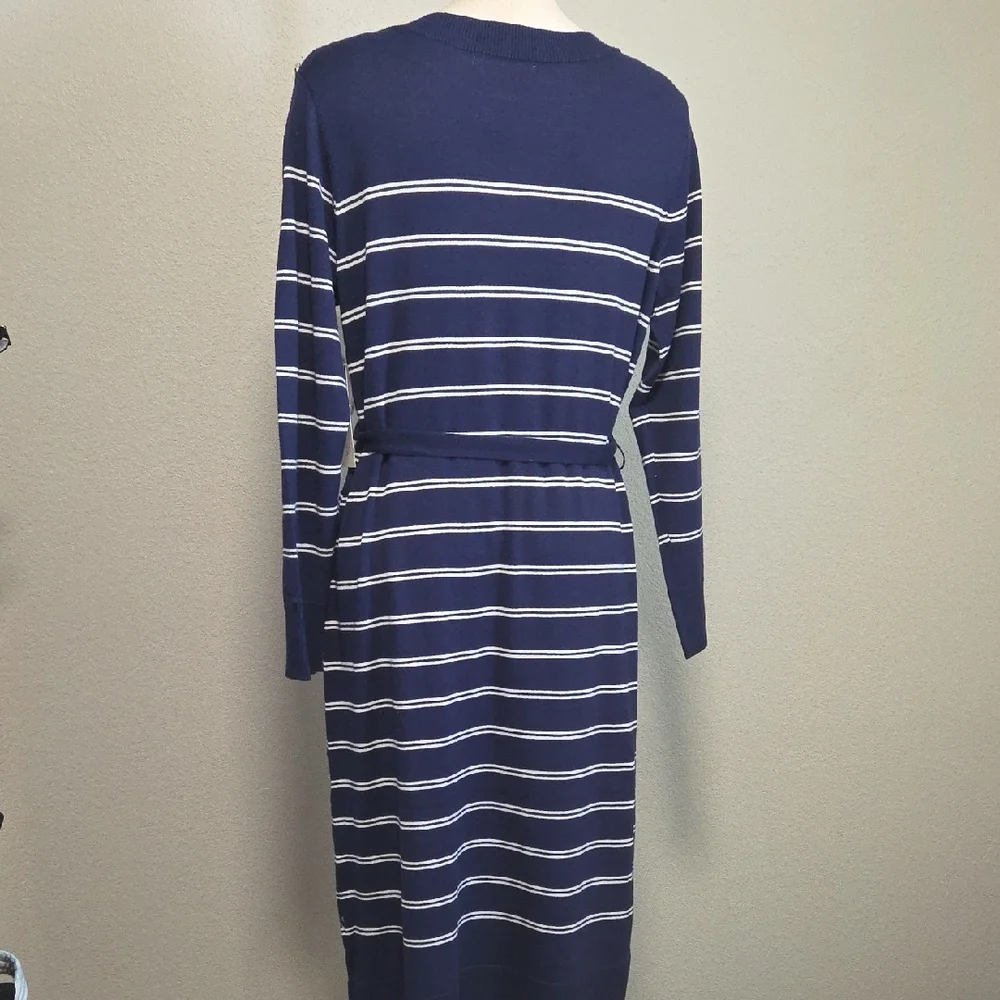 Elegant Navy Striped Long Sleeve Dress - Picture 6 of 6
